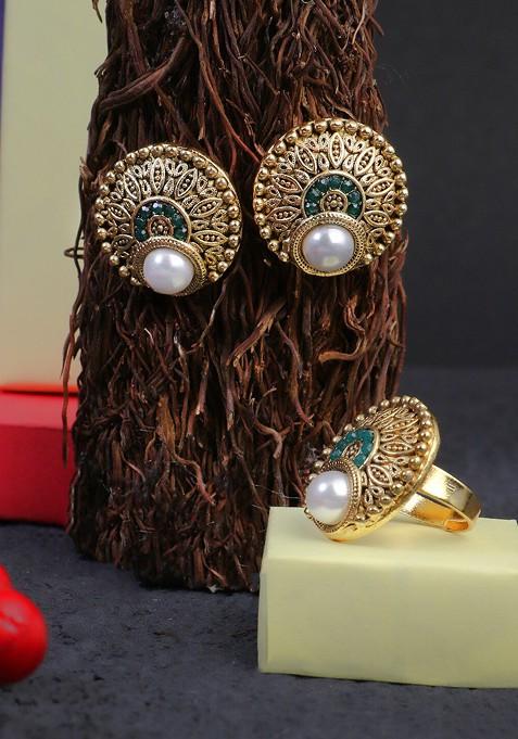 Green Artificial Stones And Beads Gold Plated Jewellery Set