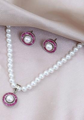 White Beaded Rhodium Plated Jewellery Set