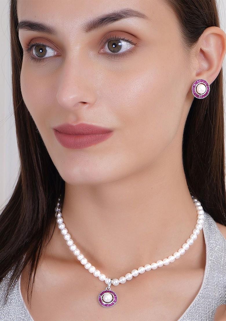 White Beaded Rhodium Plated Jewellery Set