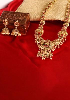 Gold Pearl Beaded Gold Plated Jewellery Set