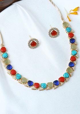 Gold Stone Studded And Beaded Gold Plated Jewellery Set