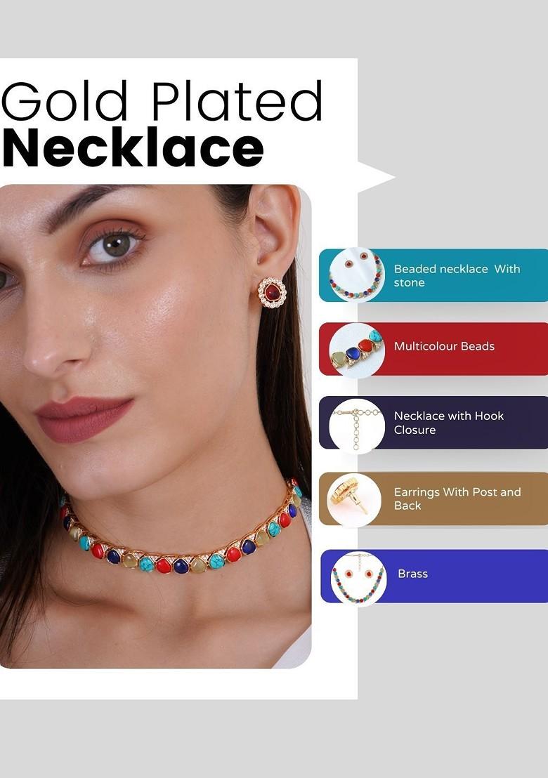 Gold Stone Studded And Beaded Gold Plated Jewellery Set