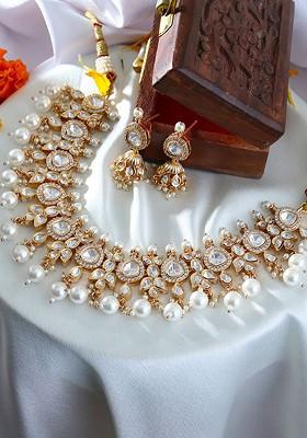 Gold Studded  And Beaded  Gold Plated Jewellery Set