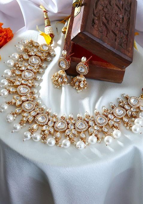 Gold Studded  And Beaded  Gold Plated Jewellery Set