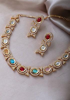 Gold Studded  And Beaded  Gold Plated Jewellery Set