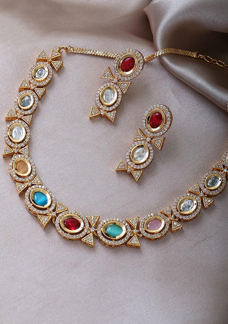 Gold Studded  And Beaded  Gold Plated Jewellery Set