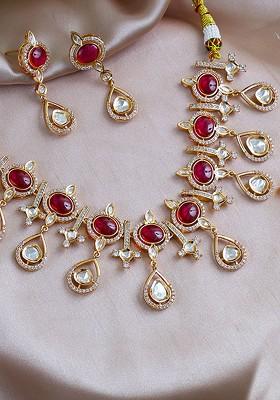 Gold Studded  And Beaded  Gold Plated Jewellery Set