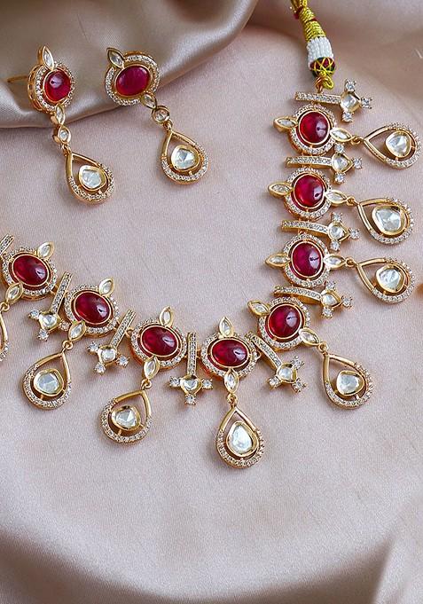 Gold Studded  And Beaded  Gold Plated Jewellery Set