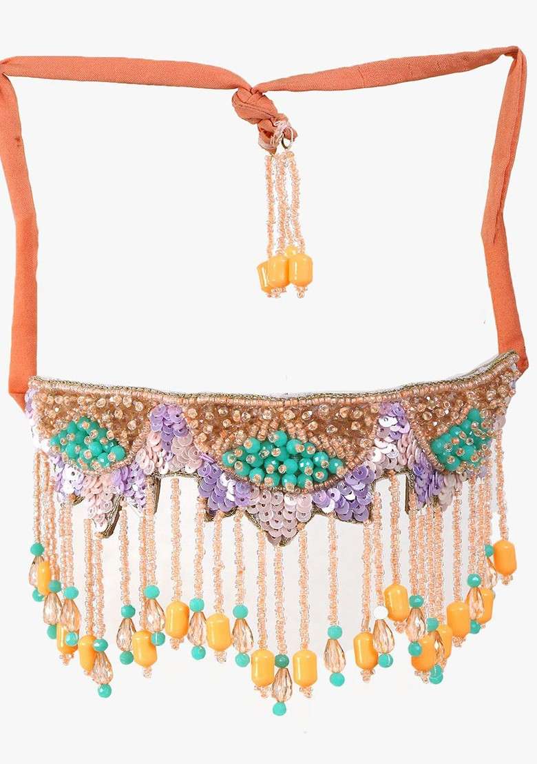 Peach Beaded Fabric Jewellery Set - Indya