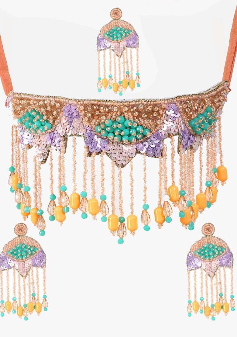 Peach Beaded Fabric Jewellery Set - Indya