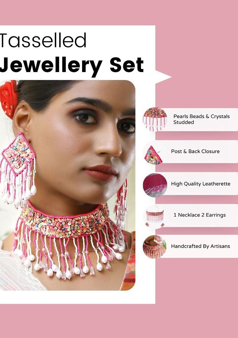 Pink Stone Studded  Fabric Jewellery Set