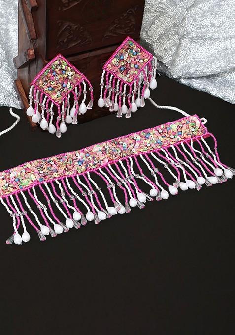 Pink Stone Studded  Fabric Jewellery Set