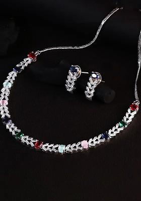Silver  Stones Studded  Rhodium Plated Jewellery Set