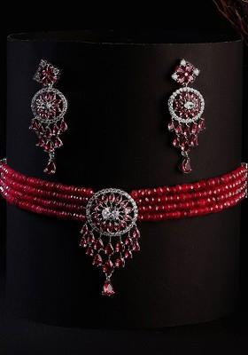 Silver  Stones Studded  Rhodium Plated Jewellery Set