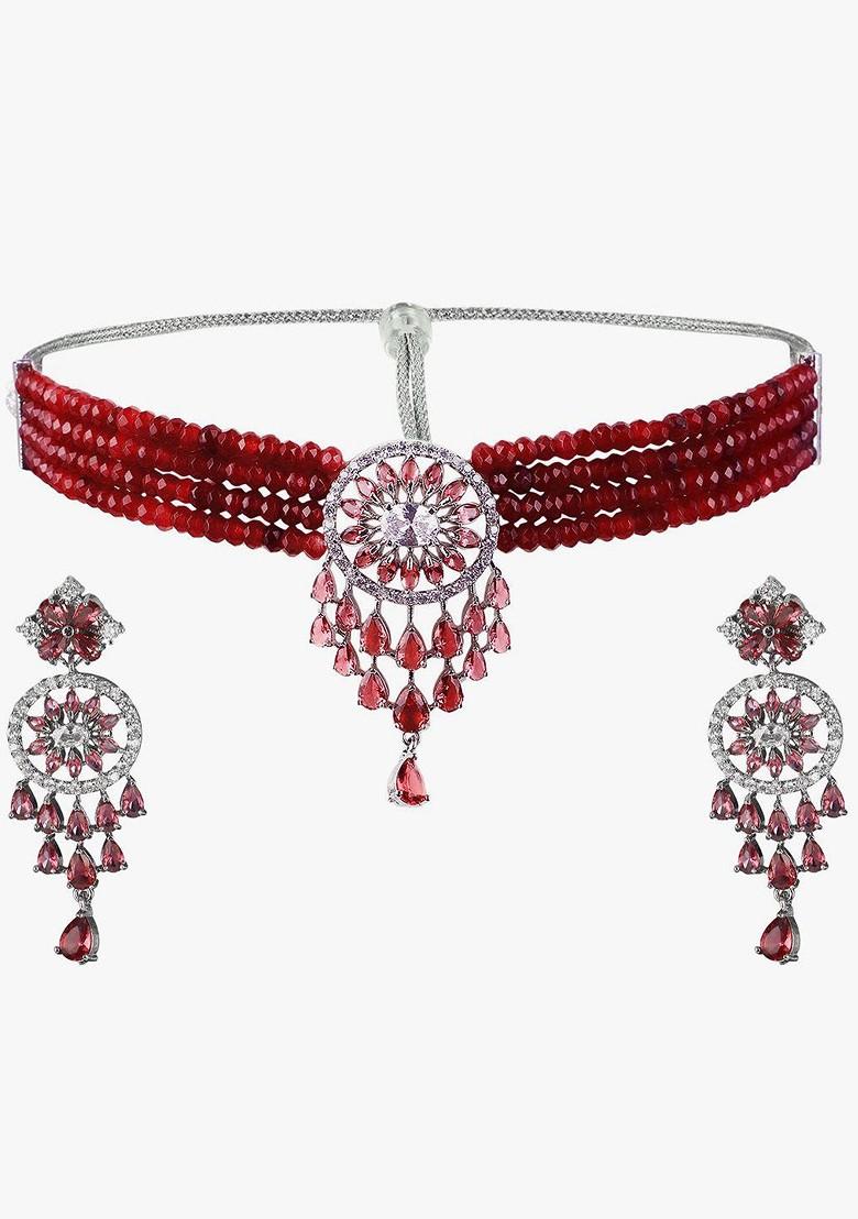 Silver  Stones Studded  Rhodium Plated Jewellery Set