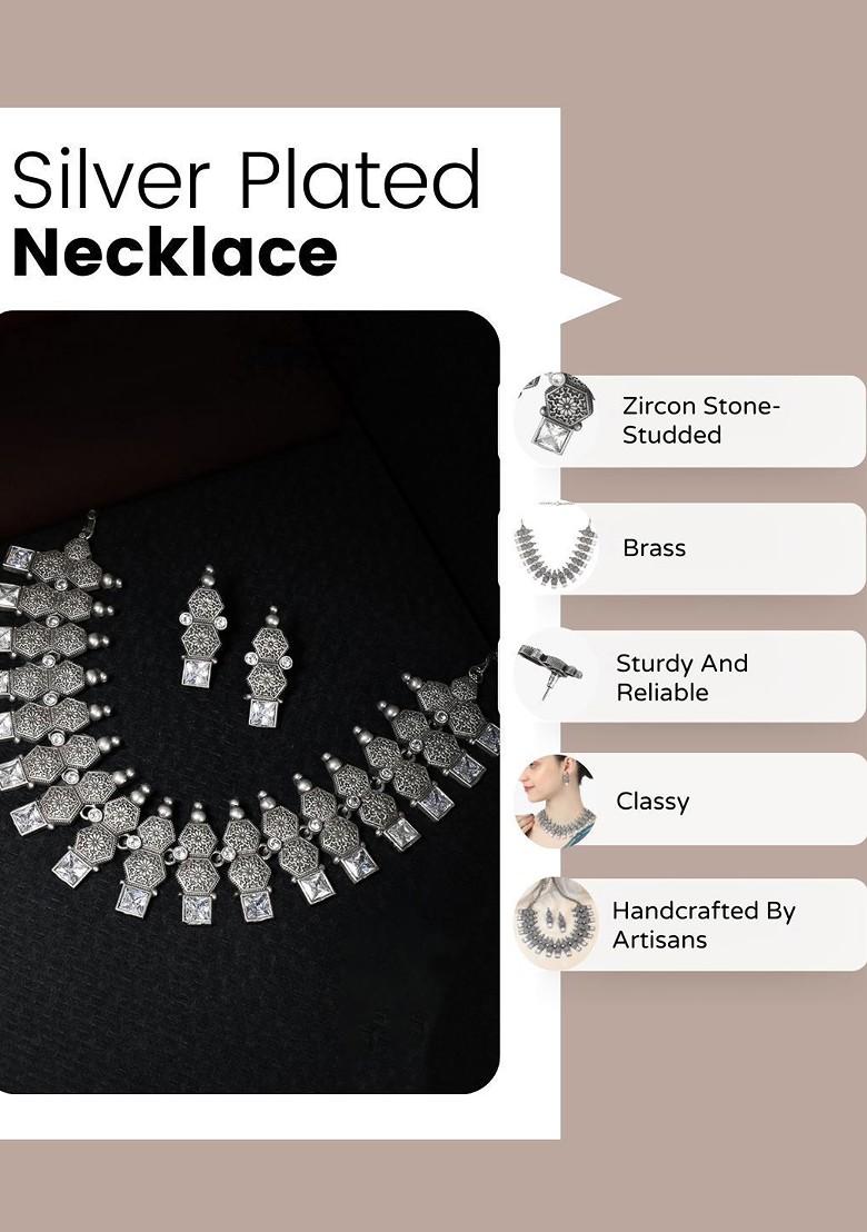 Silver  Stones Studded  Silver Plated  Jewellery Set