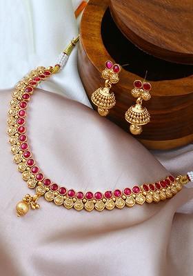 Gold Stone Studded And Beaded Gold Plated Jewellery Set