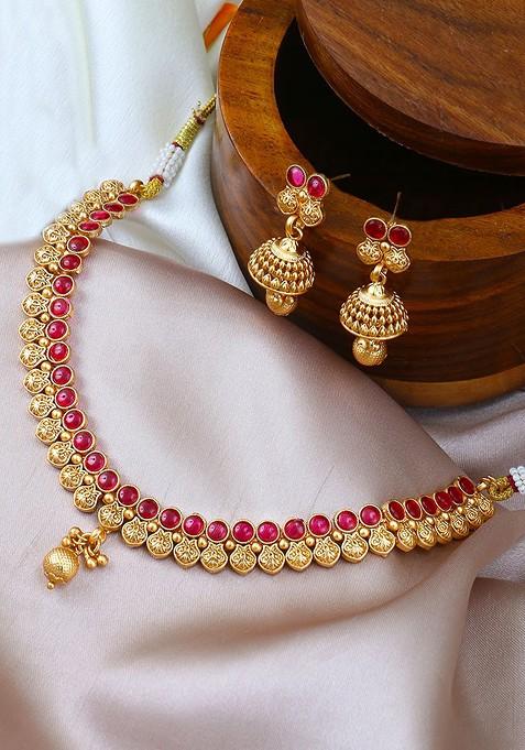 Gold Stone Studded And Beaded Gold Plated Jewellery Set
