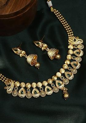 Gold Stone Studded  Gold Plated Jewellery Set