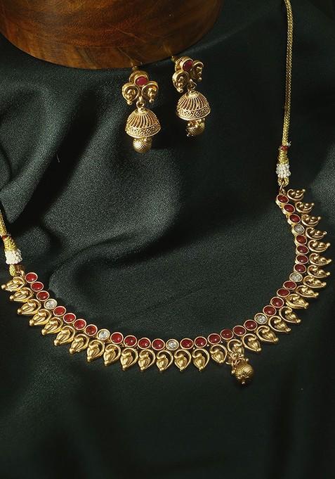 Gold Stone Studded And Beaded Gold Plated Jewellery Set