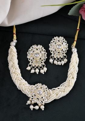 Kundan With Pearl Studded Choker Necklace With Earrings Set