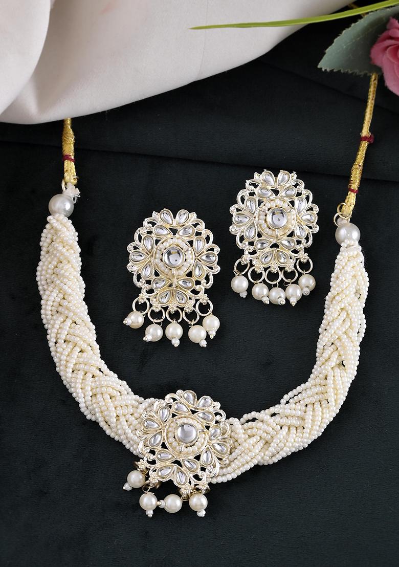 Kundan With Pearl Studded Choker Necklace With Earrings Set