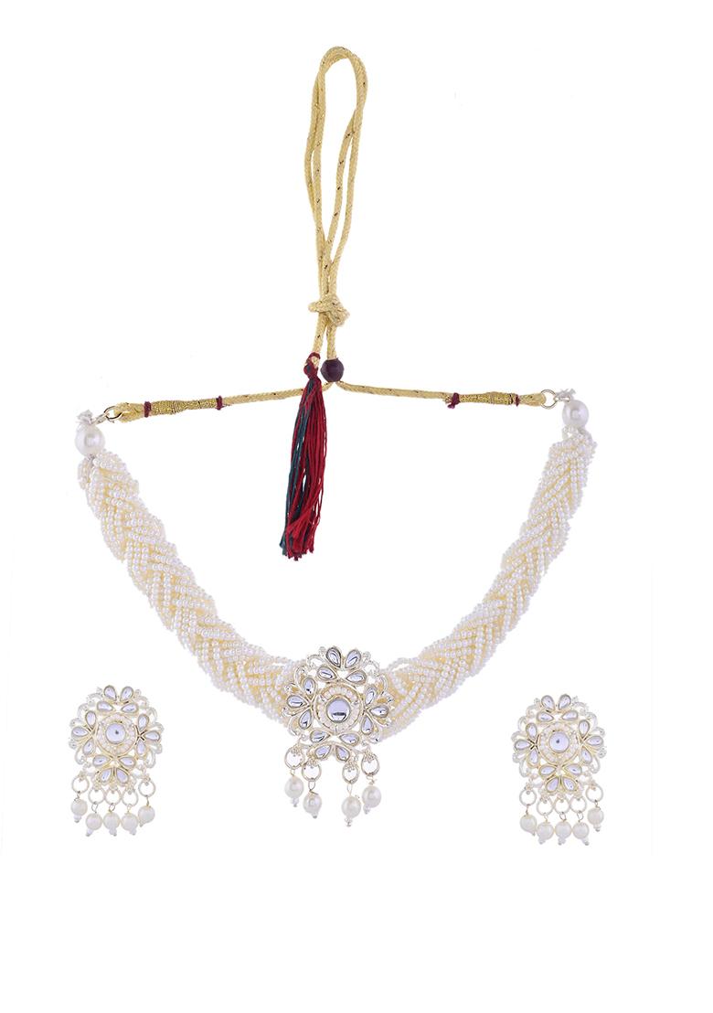 Kundan With Pearl Studded Choker Necklace With Earrings Set