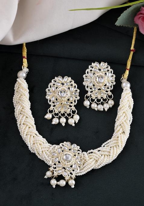 Kundan With Pearl Studded Choker Necklace With Earrings Set