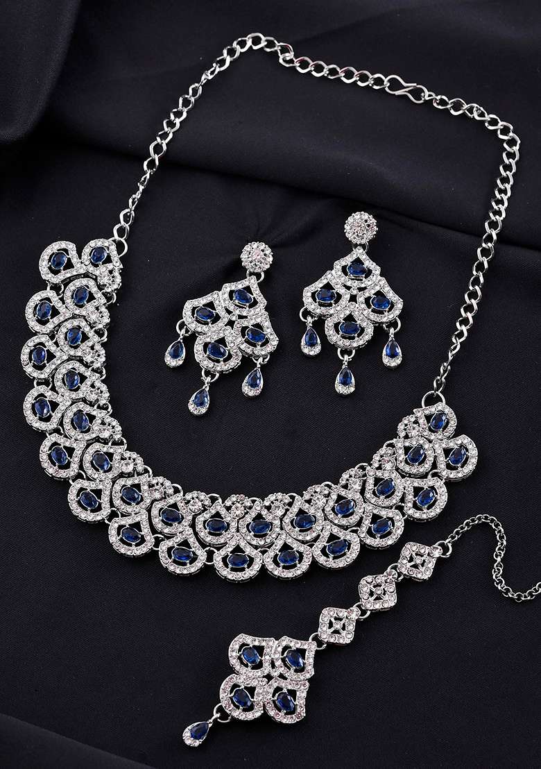 Silver Plated Blue Ad Studded Elegent Jewellery Set - Indya
