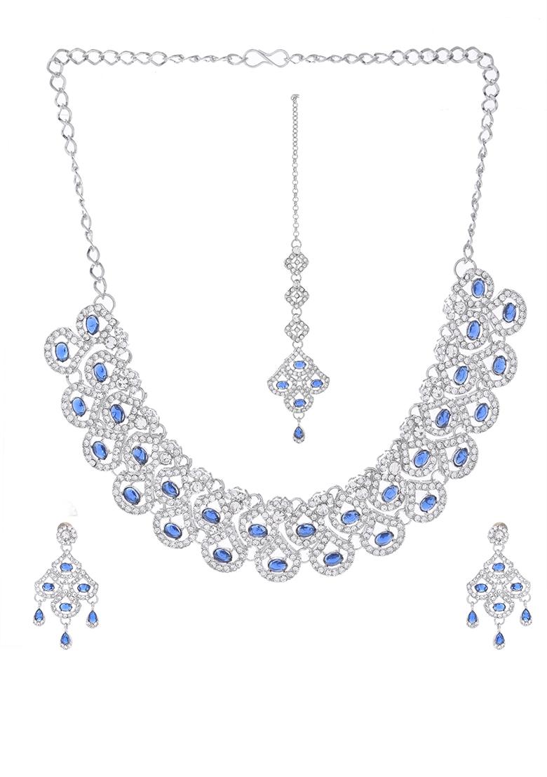 Silver Plated Blue Ad Studded Elegent Jewellery Set