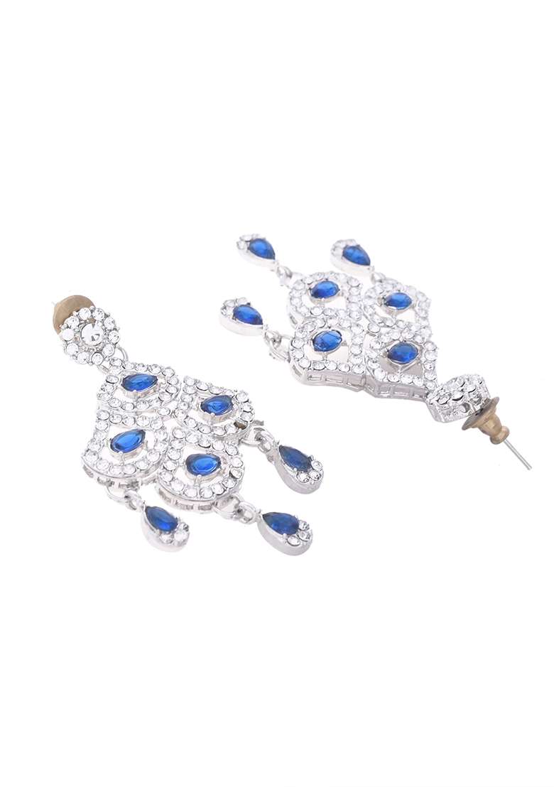 Silver Plated Blue Ad Studded Elegent Jewellery Set - Indya