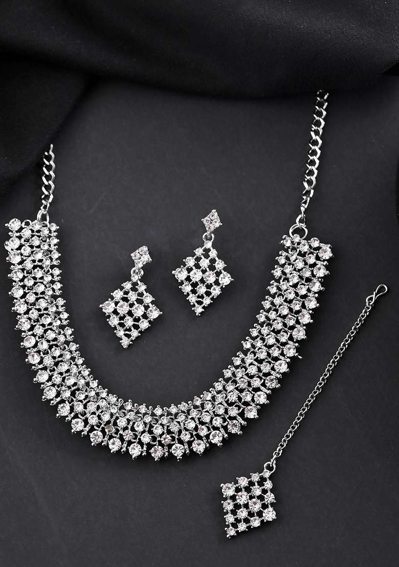Silver Plated Ad Studded Handcrafted Jewellery Set - Indya
