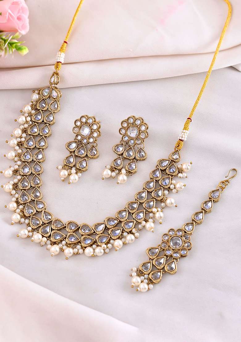 Gold Plated White Beats Stuuded Handcrafted Jewellery Set - Indya