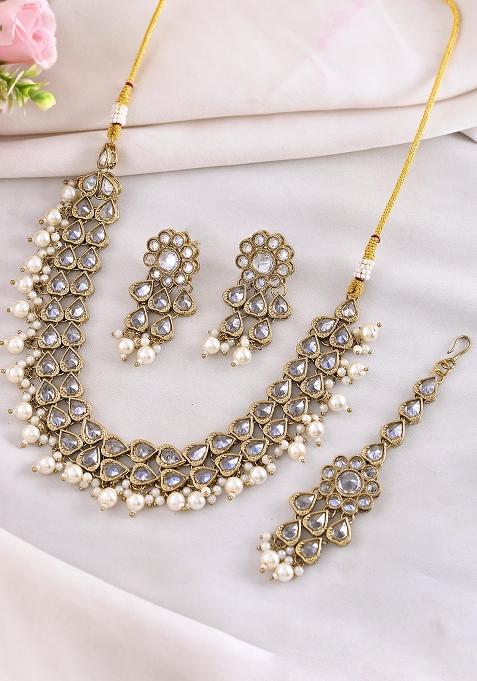 Gold Plated White Beats Stuuded Handcrafted Jewellery Set