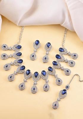 Silver Plated Blue Ad Studded Tear Drop Shape Jewellery Set
