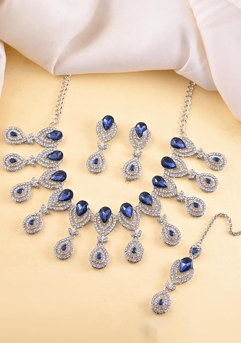 Silver Plated Blue Ad Studded Tear Drop Shape Jewellery Set