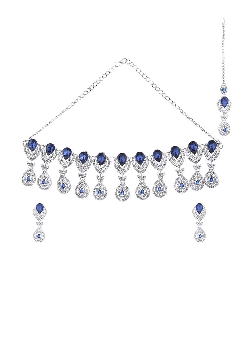 Silver Plated Blue Ad Studded Tear Drop Shape Jewellery Set