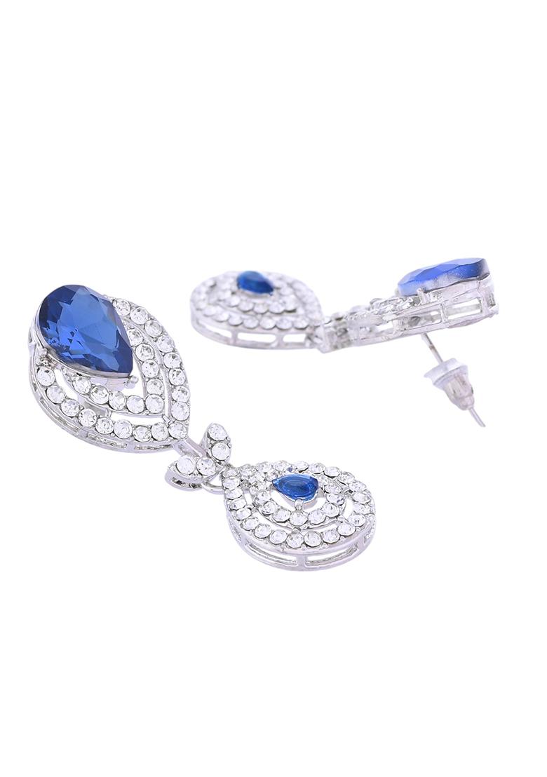 Silver Plated Blue Ad Studded Tear Drop Shape Jewellery Set