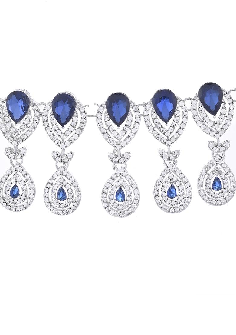 Silver Plated Blue Ad Studded Tear Drop Shape Jewellery Set