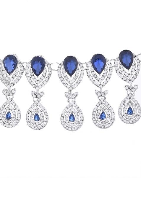 Silver Plated Blue Ad Studded Tear Drop Shape Jewellery Set