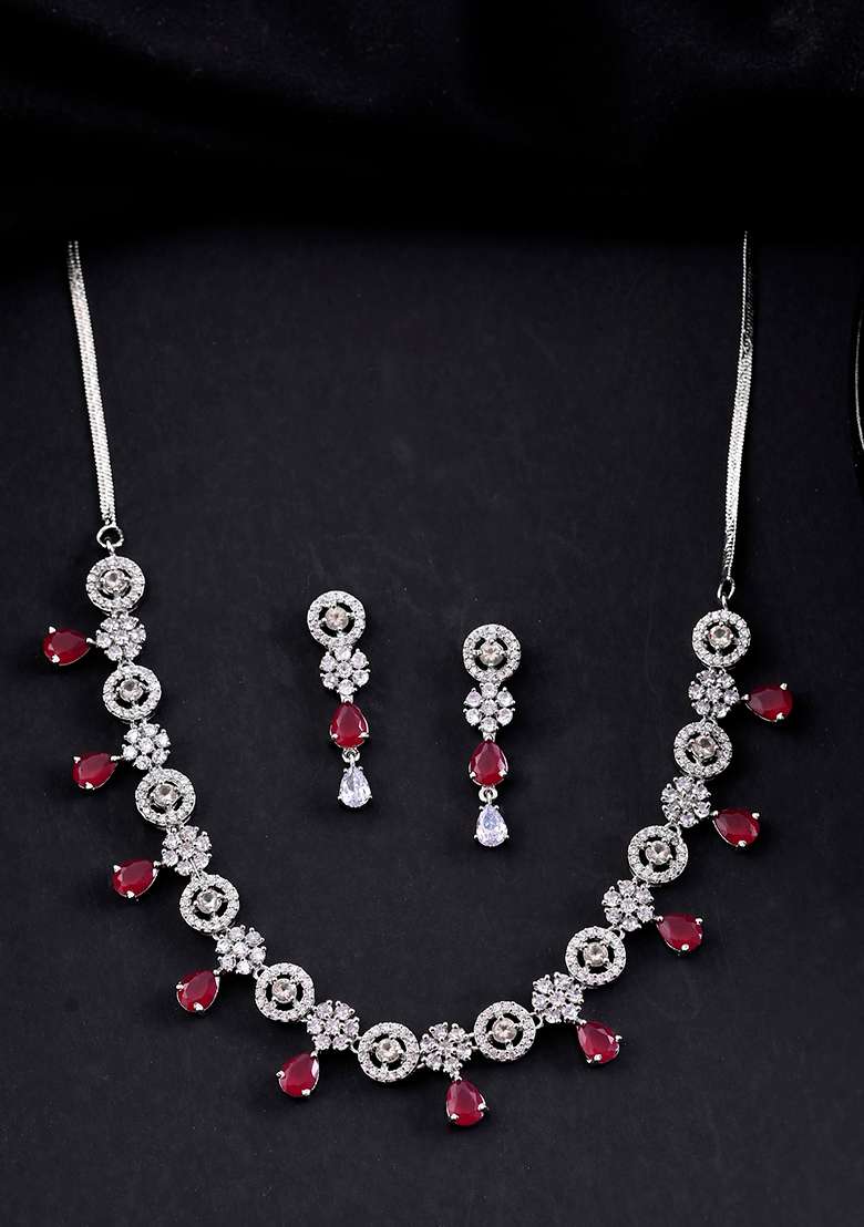 Silver Plated Ad Studded Circular Shape Jewellery Set - Indya