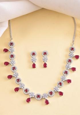 Silver Plated White And Marron Ad Studded Circular Shape Jewellery Set