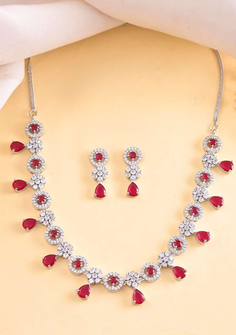 Silver Plated White And Marron Ad Studded Circular Shape Jewellery Set - Indya