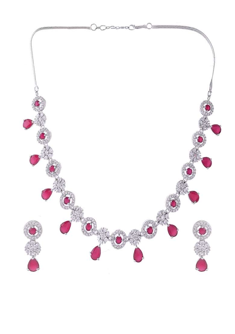 Silver Plated White And Marron Ad Studded Circular Shape Jewellery Set - Indya