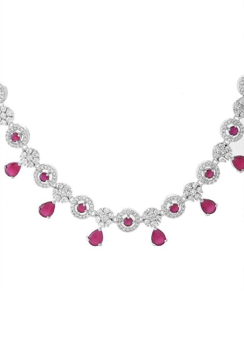 Silver Plated White And Marron Ad Studded Circular Shape Jewellery Set