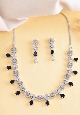Silver Plated Ad Studded Circular Shape With Black Stones Jewellery Set