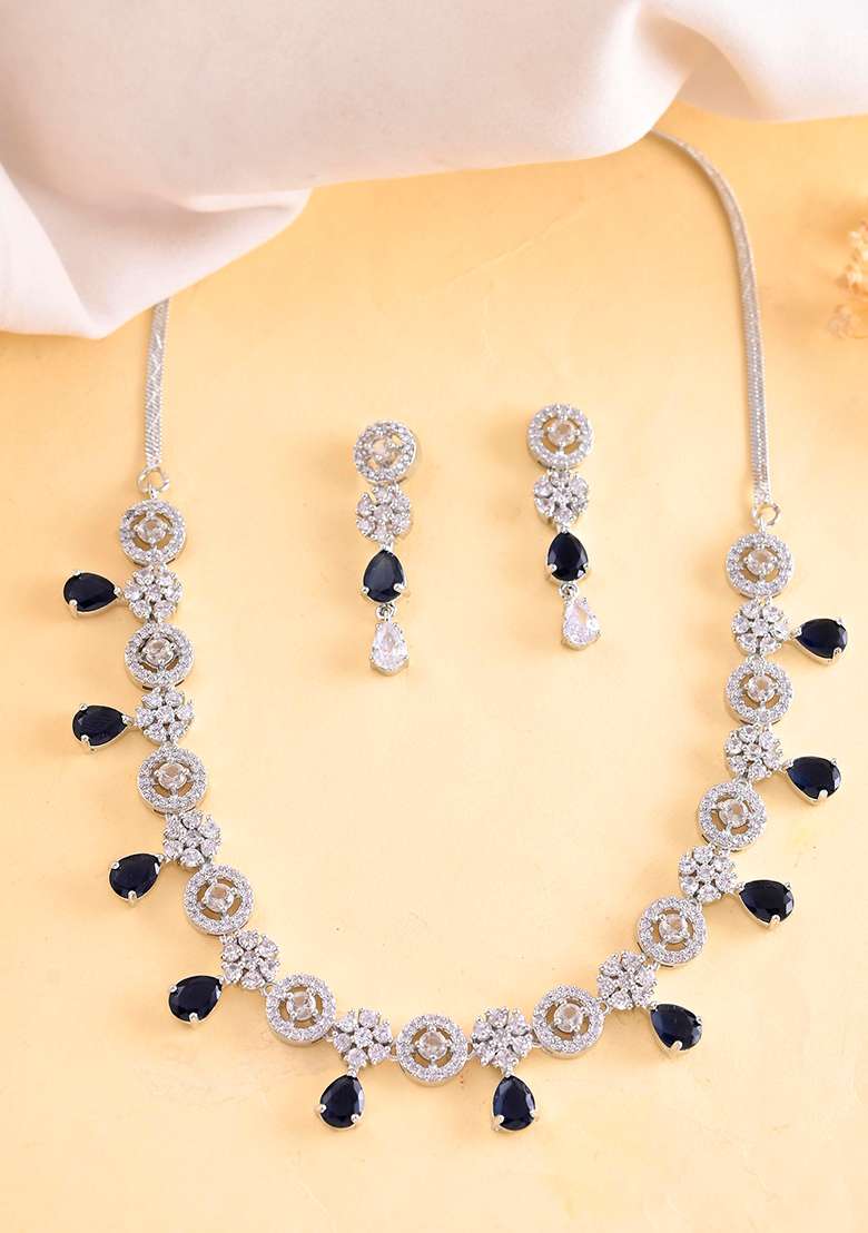 Silver Plated Ad Studded Circular Shape With Black Stones Jewellery Set - Indya