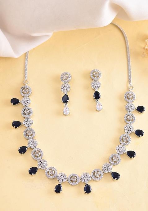 Silver Plated Ad Studded Circular Shape With Black Stones Jewellery Set