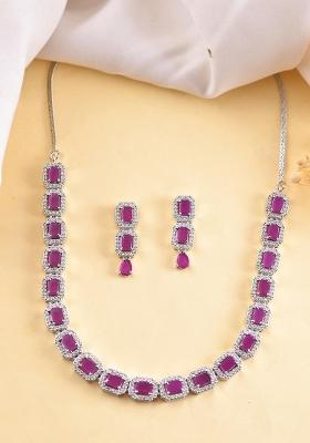 Silver Plated Pink Stone Studded Rectangular Ad Jewellery Set