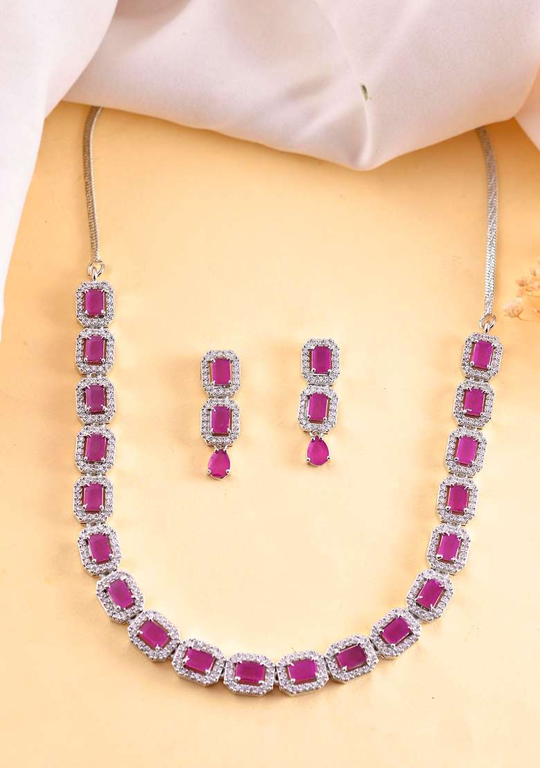 Silver Plated Pink Stone Studded Rectangular Ad Jewellery Set - Indya